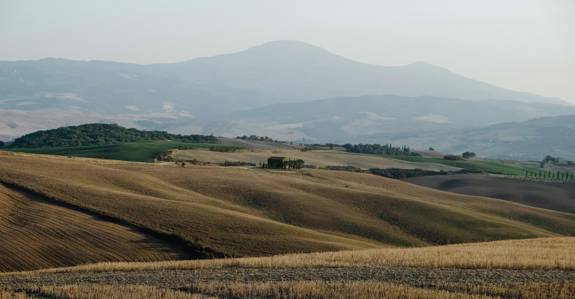 Rolling hills with fields and a distant mountain.